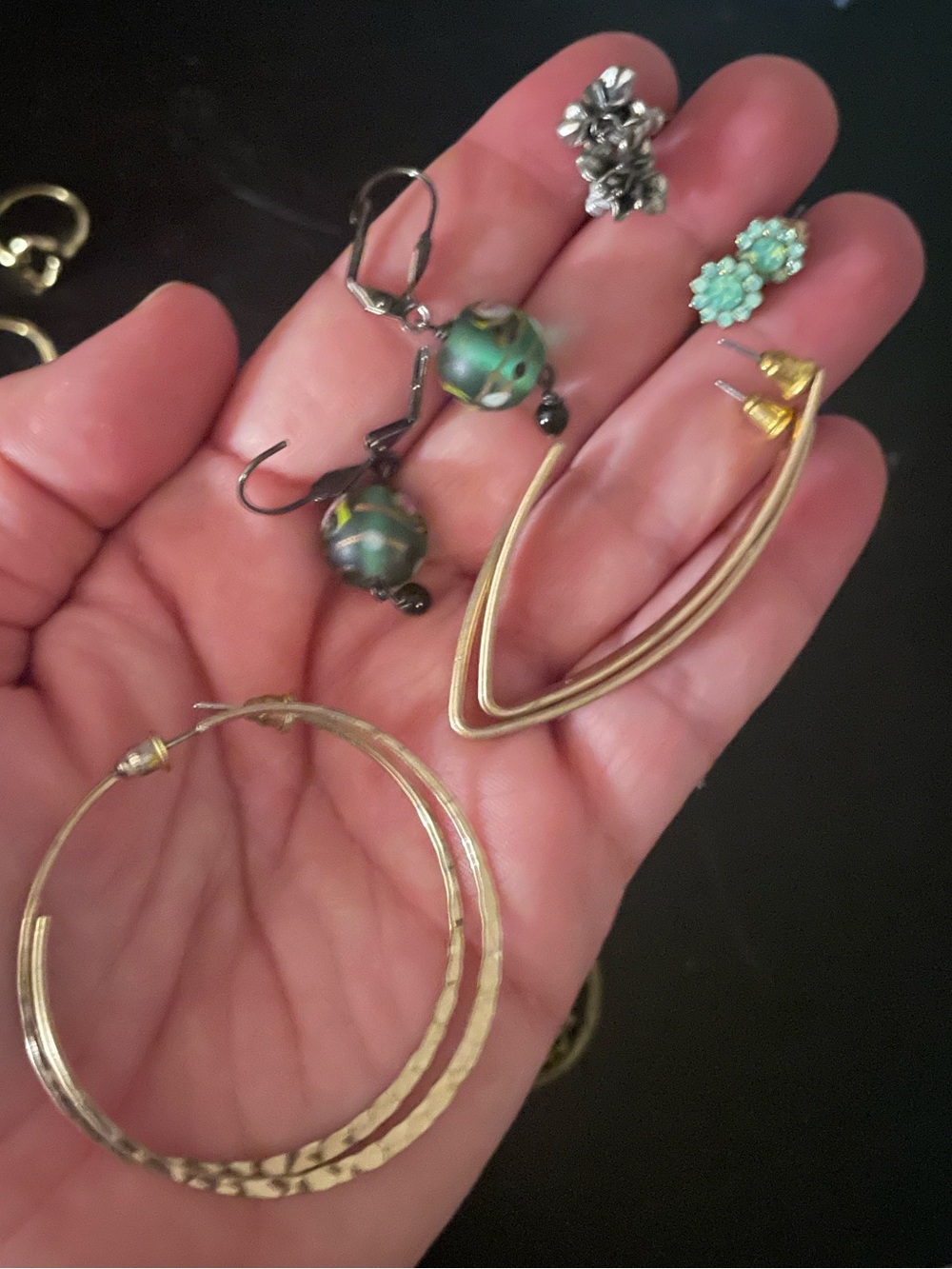 Source Unknown Mixed Earrings Set with Gold Hoops and Green Beads